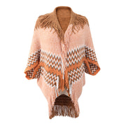 Women's Knitted Cape And Shawl Tassel Hem Color Matching Sweater
