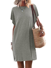 Women's Batwing Sleeve Solid Color Crew Neck Split Casual Dress