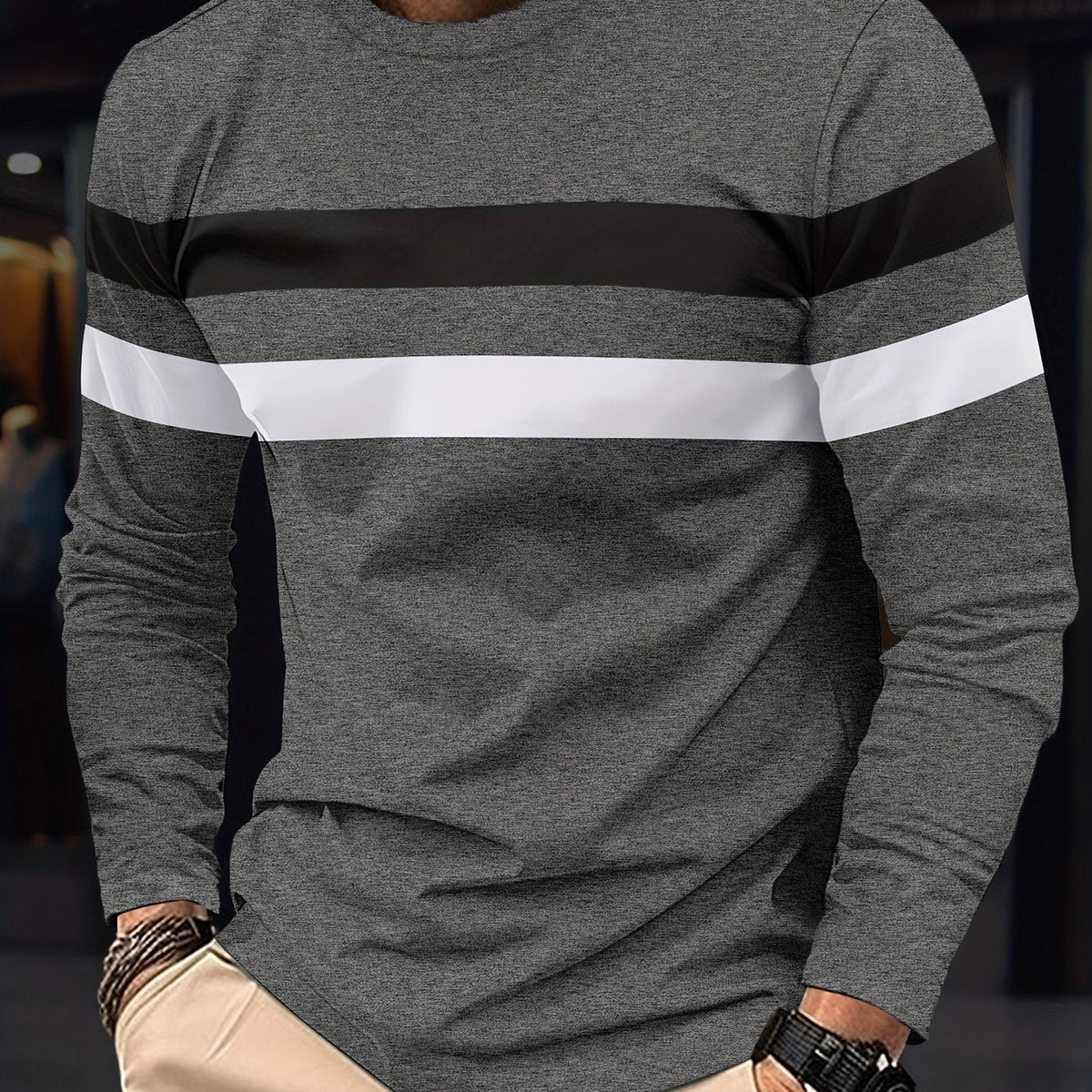 Men's Striped Color Blocking Sweatshirt, Casual Trendy Long Sleeve Sports Pullover As Gift