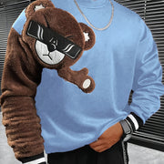 1pc Men'S Casual Cartoon Bear Embroidery Sweatshirt, Polyester Knit Pullover with Round Neck and Regular Fit