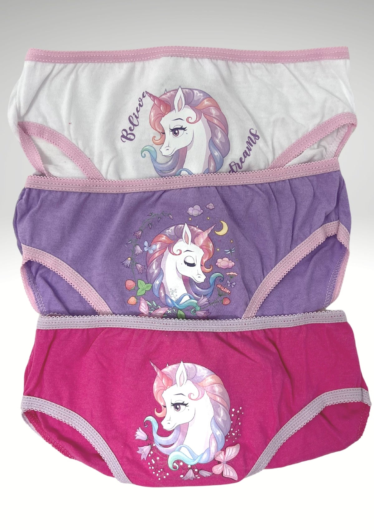 Cartoon Unicorno - Confezione Da 3 Slip Bimba 100% Cotone Stampe/colori Assortiti