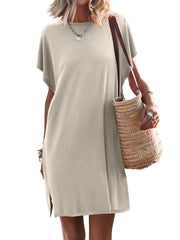 Women's Batwing Sleeve Solid Color Crew Neck Split Casual Dress
