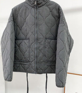 Women's Fashionable Loose Diamond Pattern Round Neck Loose Cotton Coat