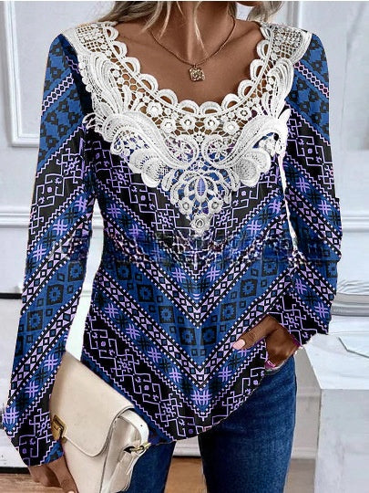 Round neck lace long sleeved elegant casual T-shirt