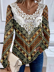 Round neck lace long sleeved elegant casual T-shirt