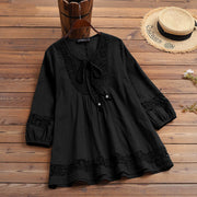 Cotton And Linen Stitching Lace Temperament Sleeve Loose Women's Top
