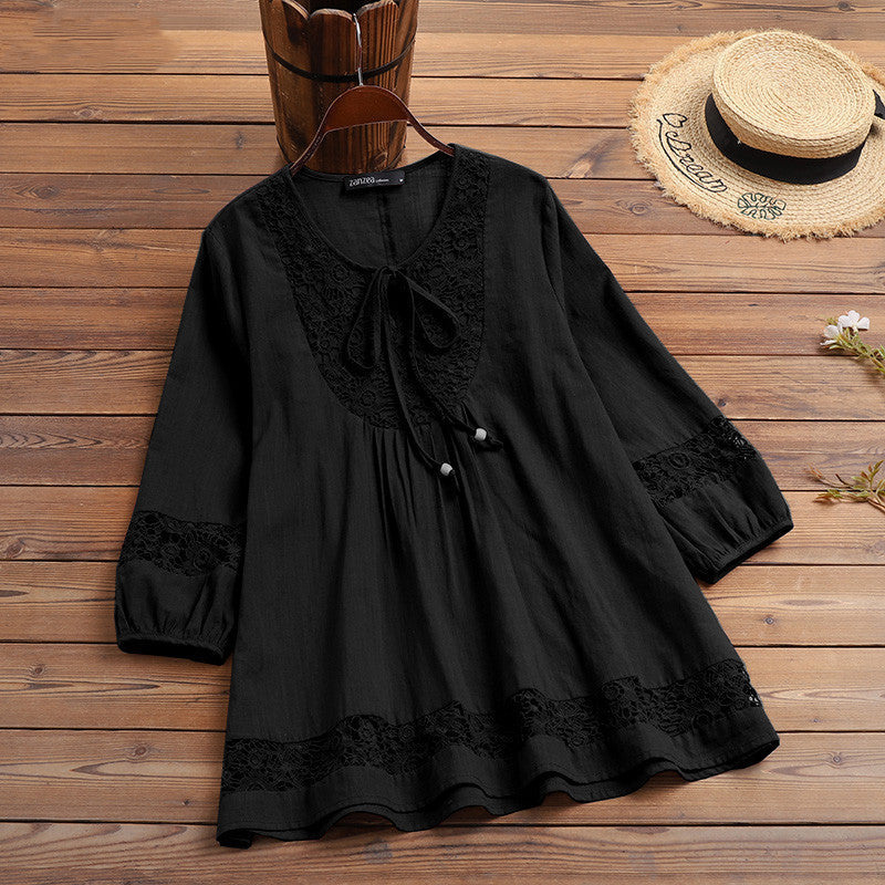 Cotton And Linen Stitching Lace Temperament Sleeve Loose Women's Top