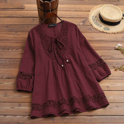 Cotton And Linen Stitching Lace Temperament Sleeve Loose Women's Top