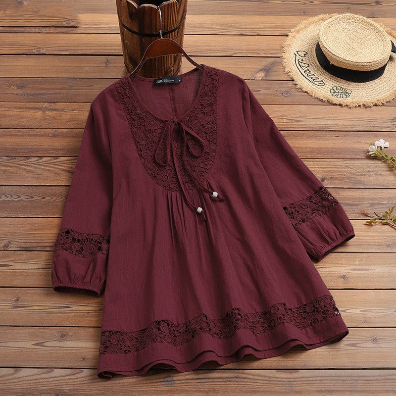 Cotton And Linen Stitching Lace Temperament Sleeve Loose Women's Top