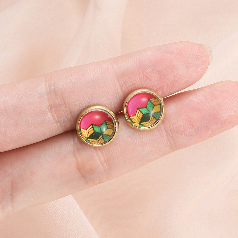 Simple Exquisite Button Stud Earrings Round Hexagonal