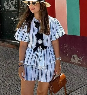 Women's Summer Fashion Striped Top Shorts Suit