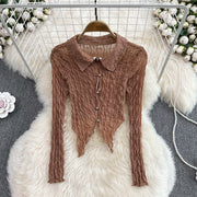 French Retro Sexy See-through Long Sleeves Irregular Short Dovetail Shirt