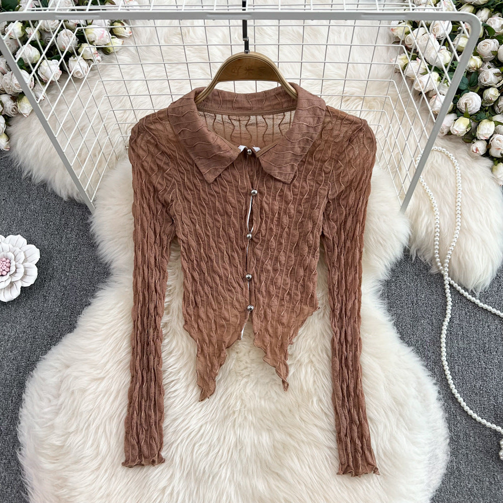 French Retro Sexy See-through Long Sleeves Irregular Short Dovetail Shirt