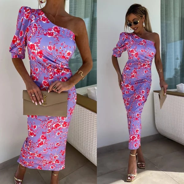 Women's Oblique Shoulder Printed Sheath Fold Split