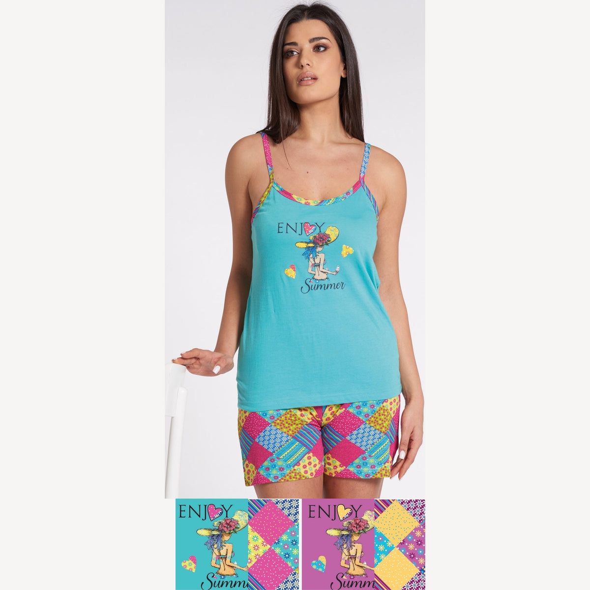 Vanue' Estate Pigiama Donna Corto Spalla Stretta In Puro Cotone Con Stampa Art. Vs0146pb