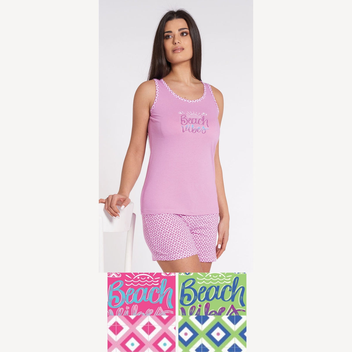 Vanue' Estate Pigiama Donna Corto Con Spalla Larga In Puro Cotone Con Stampa Art. Vs0176