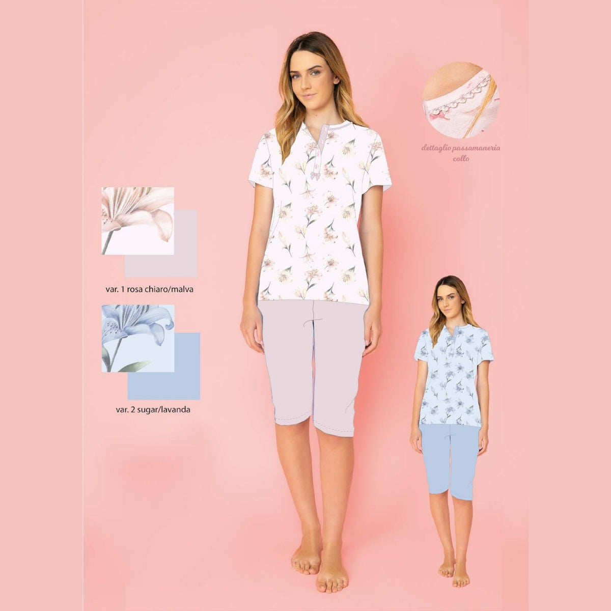 Irge Estate Pigiama Donna Calibrato Serafino Pescatore Mezza Manica In Puro Cotone Stampato Art. Cdc217