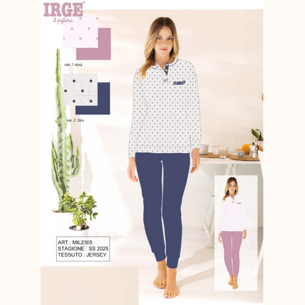 -irge Primavera- Pigiama Serafino Donna Lungo In Jersey Puro Cotone Fantasia Art. Mil2305