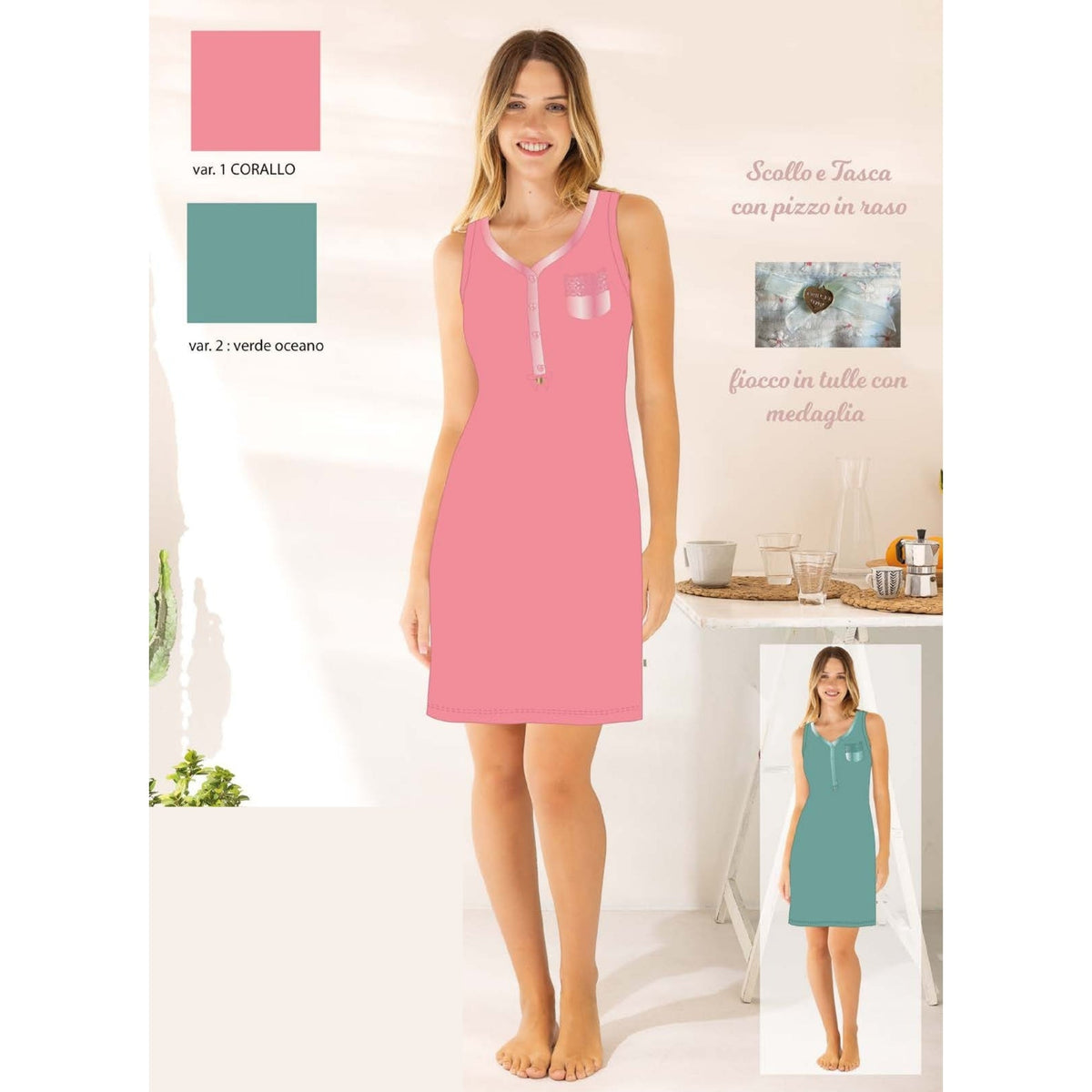Irge Estate Camicia Da Notte 4 Bottoni Spalla Larga In Puro Cotone Tinta Unita  Art. Mic2325