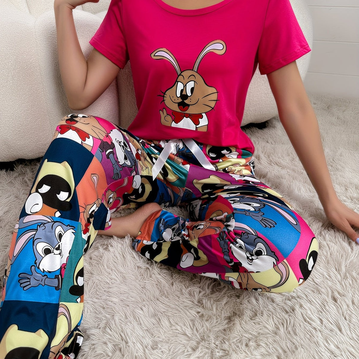Women's Cute Cartoon Print Pajama Set, Short Sleeve Round Neck Top & Pants, Comfortable Relaxed Fit