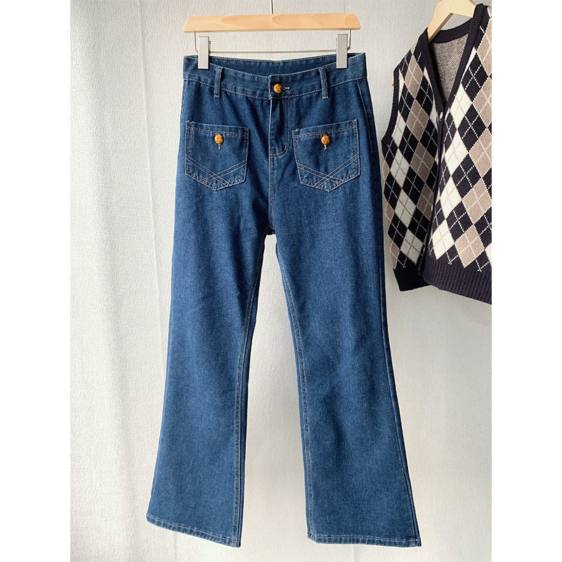 French Retro Blue High Waist Jeans Ladies New