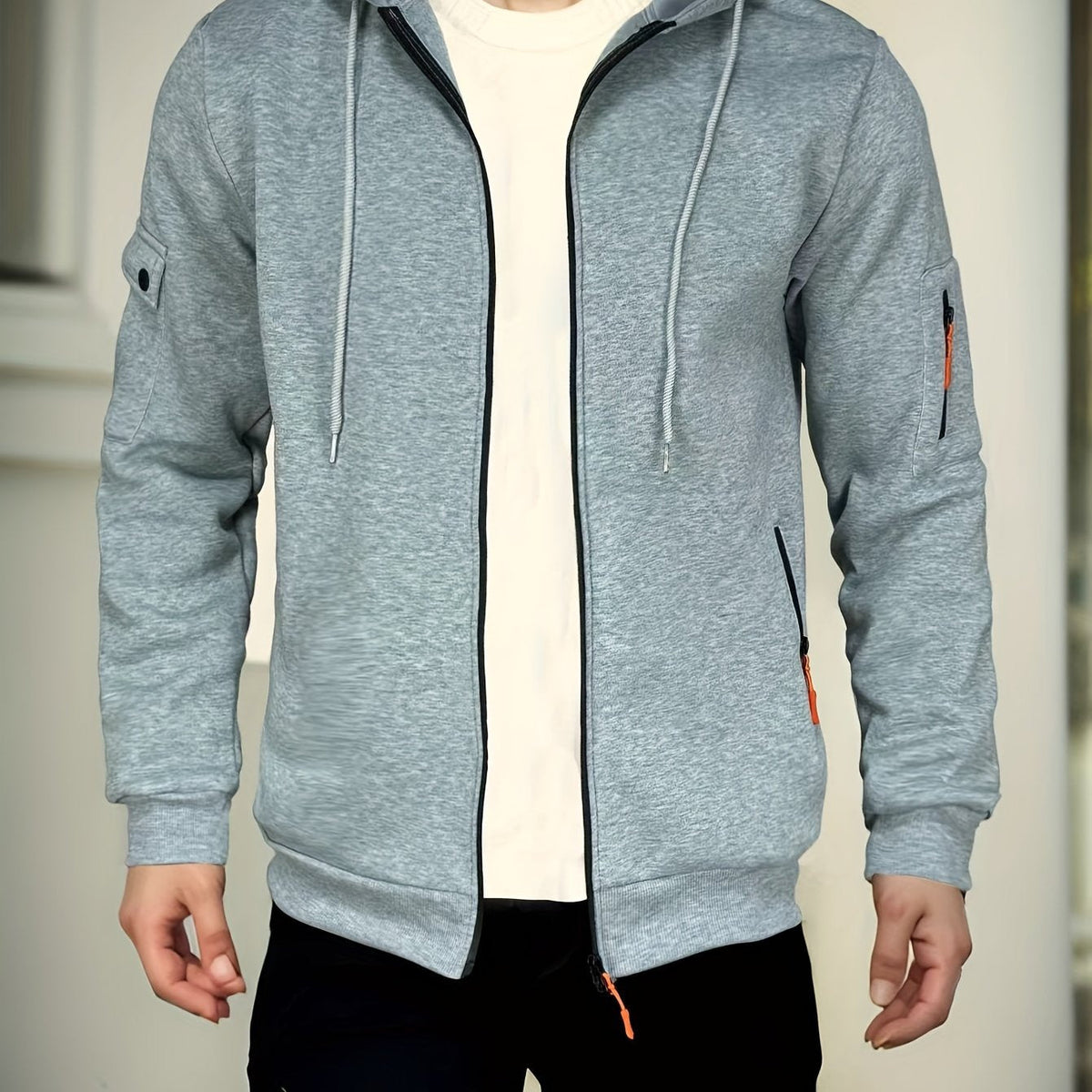 Men's Regular Fit Hoodie with Zip Pockets - Black, Polyester Blend, Long Sleeve, Casual Style