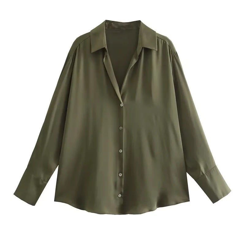 All-match Silk Satin Texture Draping Long-sleeved Shirt For Women