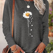 Chic Daisy Print Long Sleeve T-Shirt for Women - Casual Crew Neck, Soft Polyester, Machine Washable - Perfect for Fall & Winter