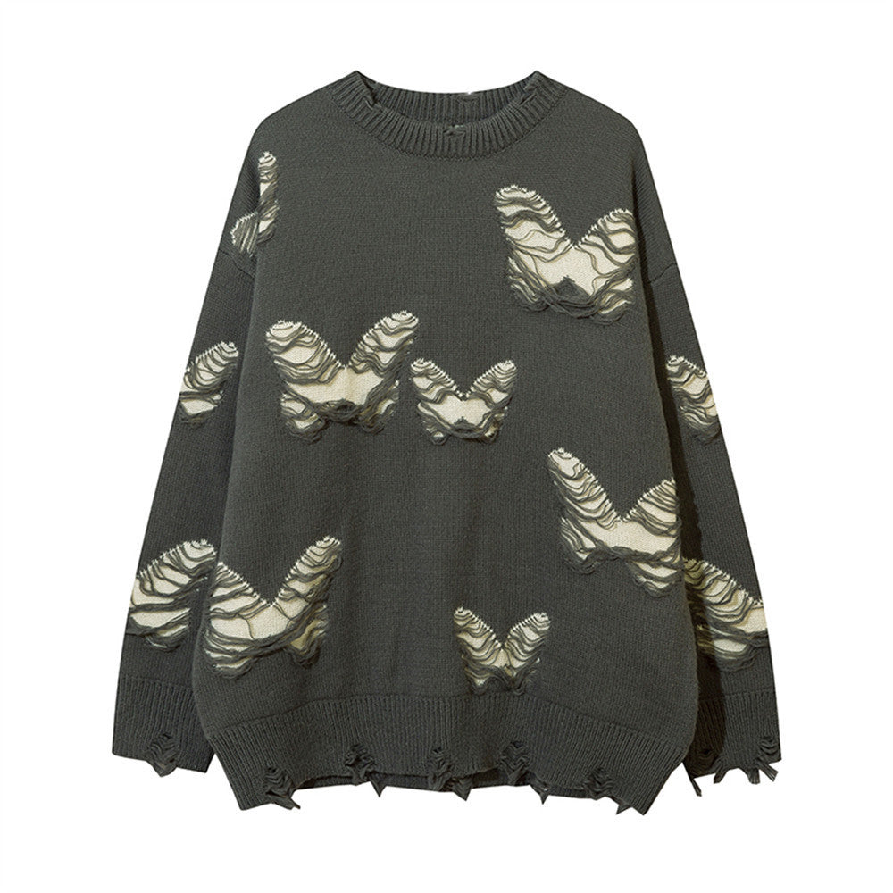 Butterfly Ripped Crochet Tassel Round Neck Knitted Sweater Tide