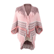 Women's Knitted Cape And Shawl Tassel Hem Color Matching Sweater