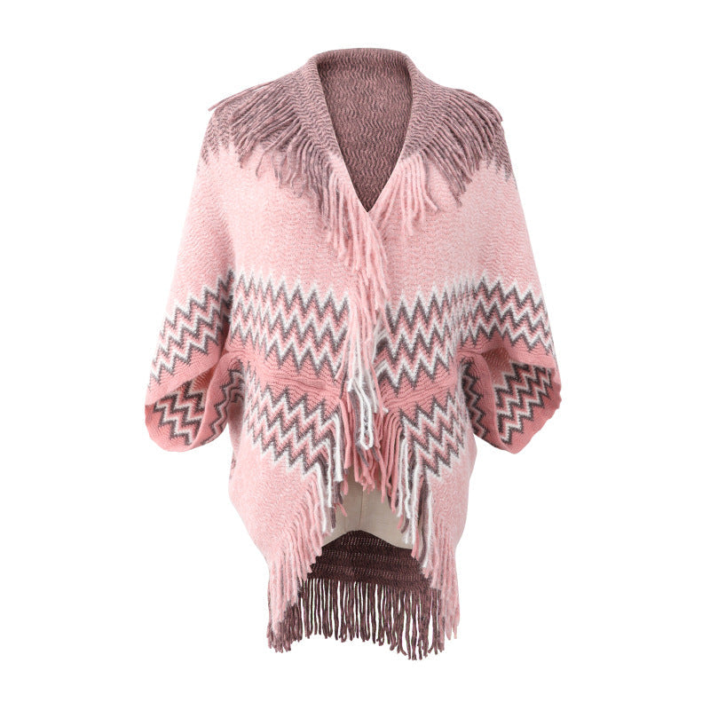 Women's Knitted Cape And Shawl Tassel Hem Color Matching Sweater