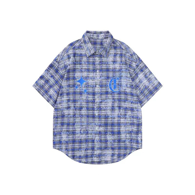 Wear Detachable Cuff Tie-dye American Street Blue Plaid Shirt Coat
