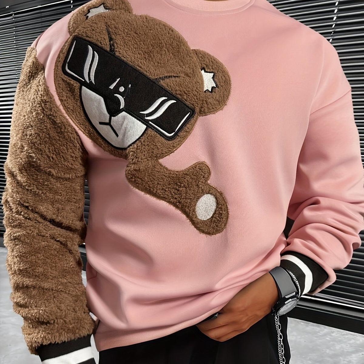 1pc Men'S Casual Cartoon Bear Embroidery Sweatshirt, Polyester Knit Pullover with Round Neck and Regular Fit