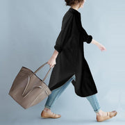 Korean Style Artistic Simple Long Side Slit Round Neck Open Button Shirt Dress
