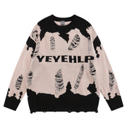 Worn Color-block Crew Neck Sweater Men's Waste Soil Style Letter