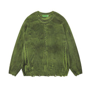 Distressed Dirty Round Neck Men's Spring And Autumn Sunken Stripe Twist Crocheted Ripped Pullover Sweater