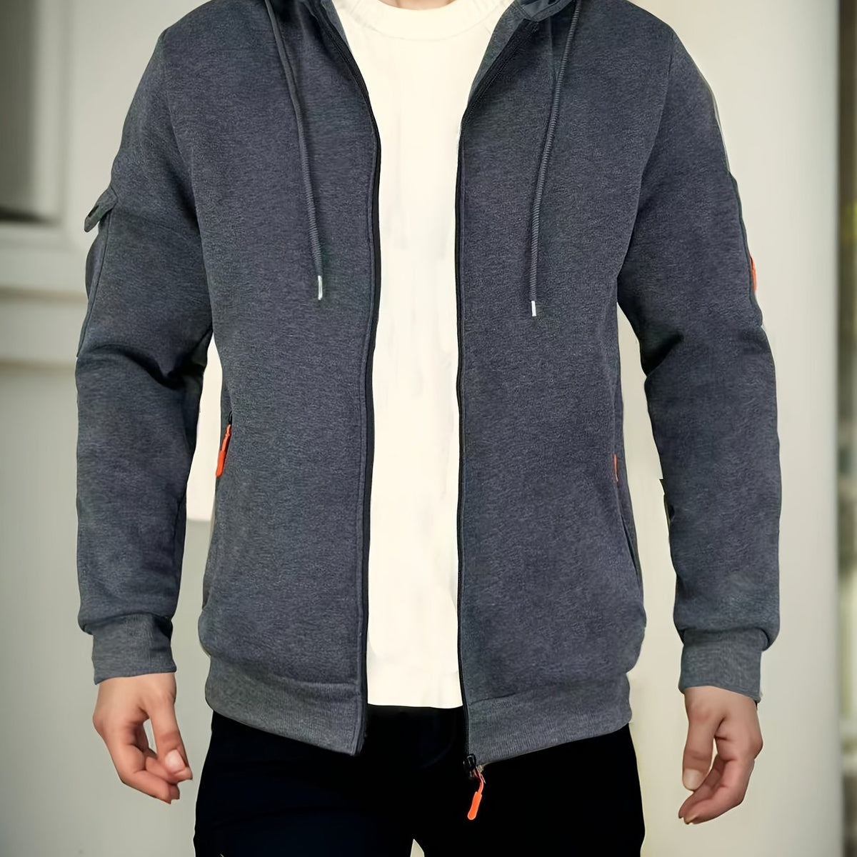 Men's Regular Fit Hoodie with Zip Pockets - Black, Polyester Blend, Long Sleeve, Casual Style