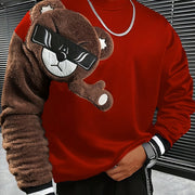 1pc Men'S Casual Cartoon Bear Embroidery Sweatshirt, Polyester Knit Pullover with Round Neck and Regular Fit