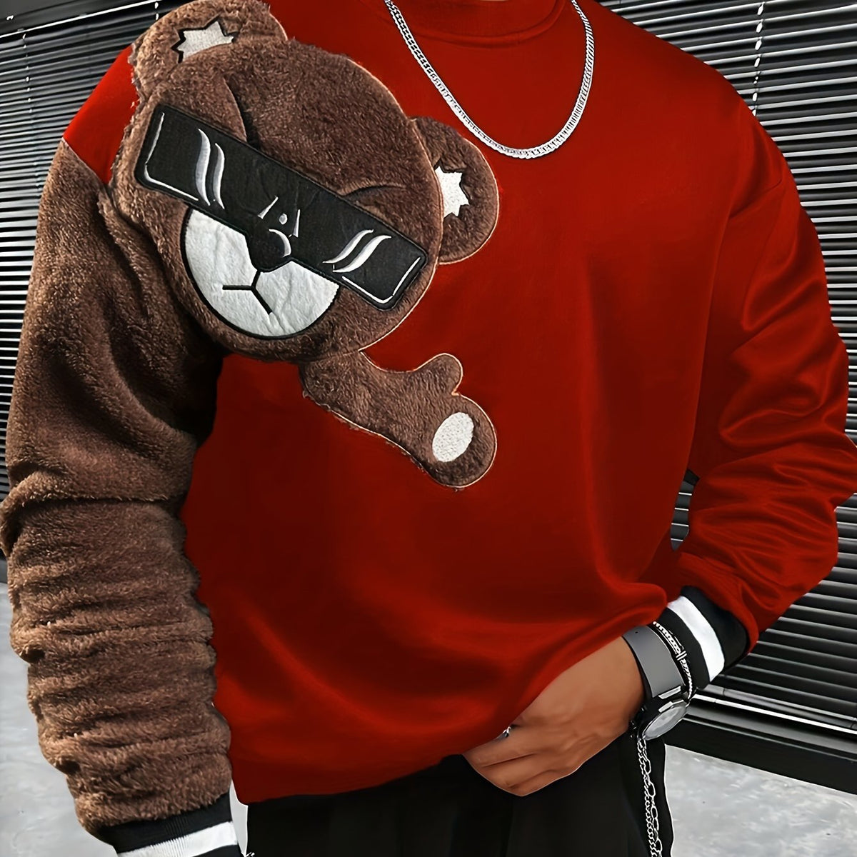 1pc Men'S Casual Cartoon Bear Embroidery Sweatshirt, Polyester Knit Pullover with Round Neck and Regular Fit