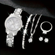 1pc Silvery Round Pointer Quartz Watch & 5pcs Jewelry