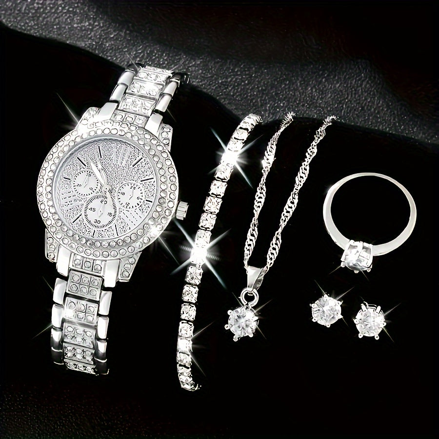 1pc Silvery Round Pointer Quartz Watch & 5pcs Jewelry
