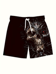 Men's Trendy Graphic Beach Shorts With Drawstring And Fancy 3D Skull Print For Summer Beach, Pool And Resort