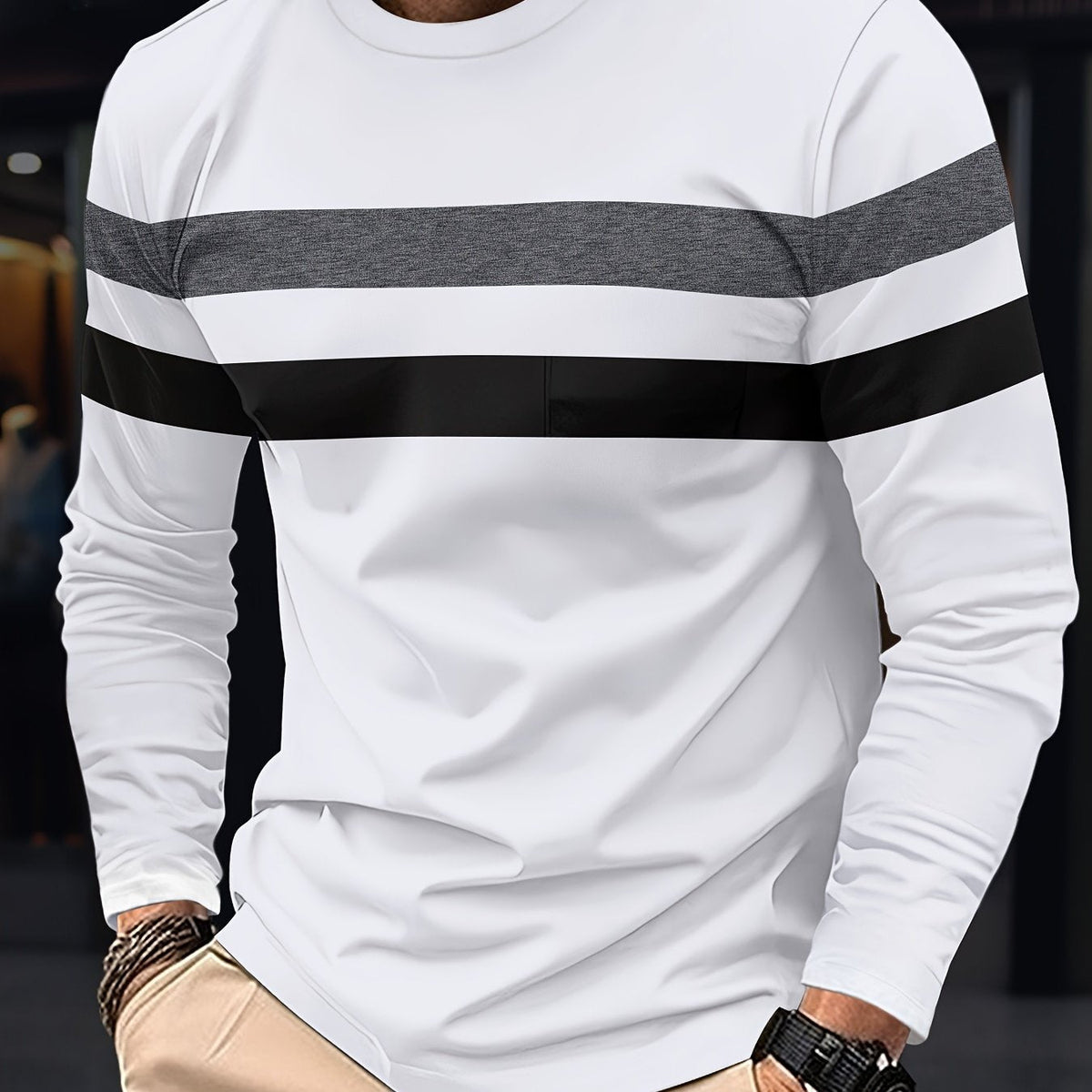 Men's Striped Color Blocking Sweatshirt, Casual Trendy Long Sleeve Sports Pullover As Gift