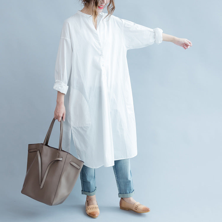 Korean Style Artistic Simple Long Side Slit Round Neck Open Button Shirt Dress