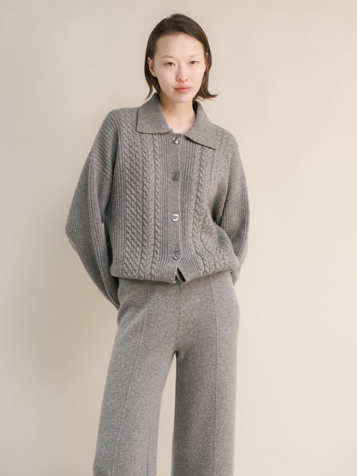 Cashmere Mix Cable Polo Cardigan