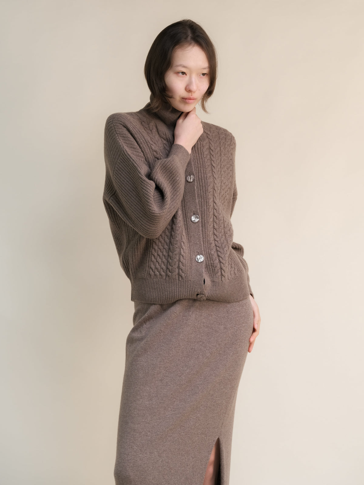 Cashmere Mix Cable Polo Cardigan