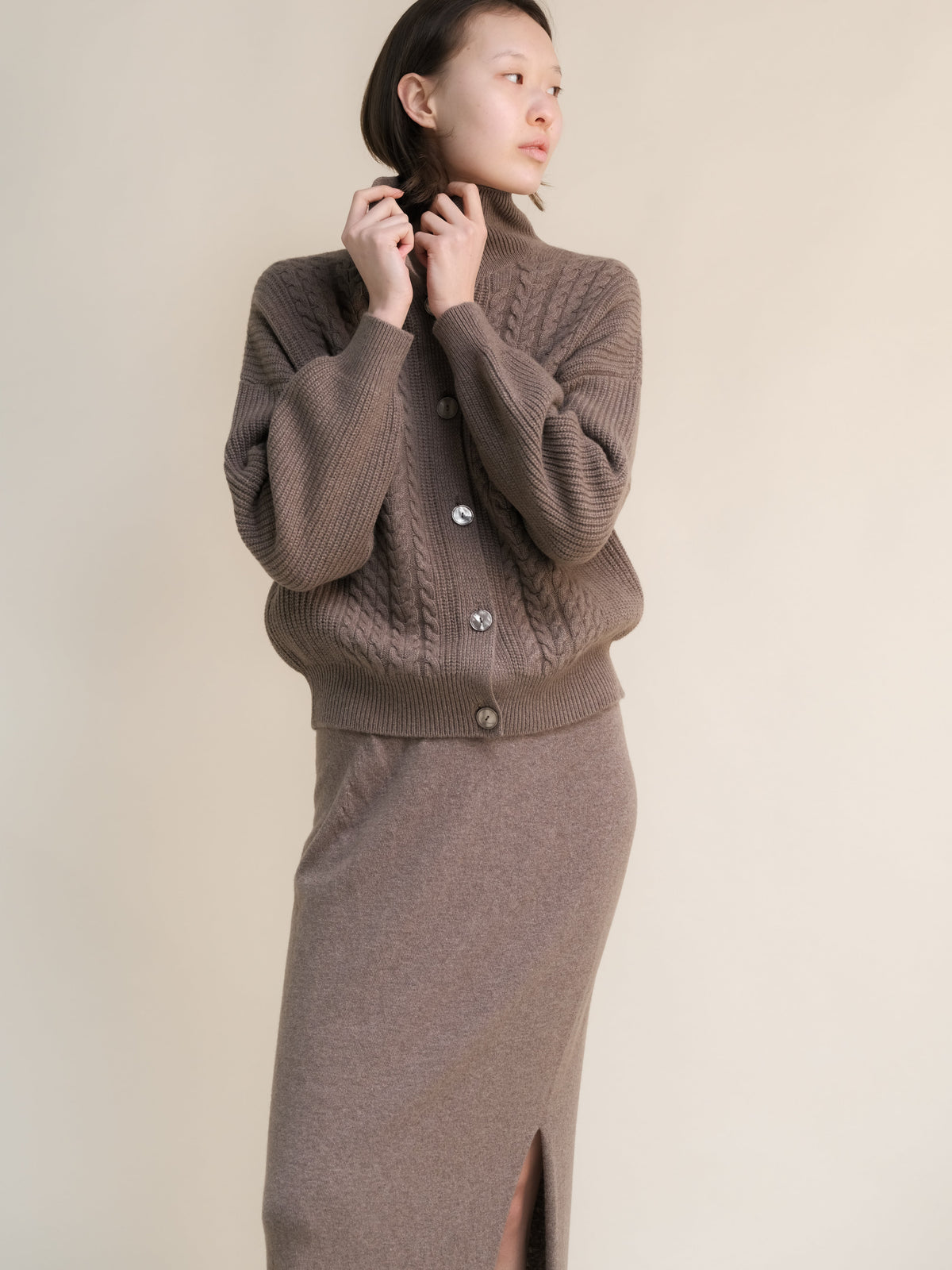 Cashmere Mix Cable Polo Cardigan