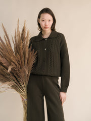 Cashmere Mix Cable Polo Cardigan