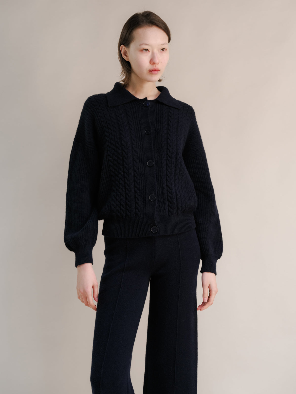 Cashmere Mix Cable Polo Cardigan