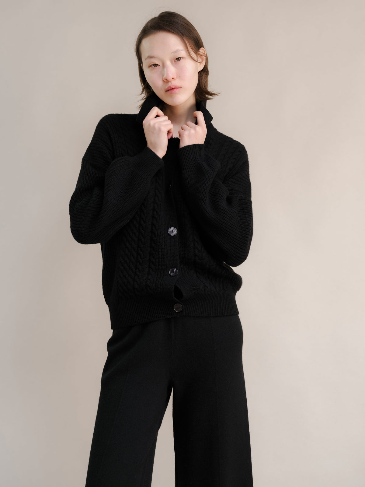 Cashmere Mix Cable Polo Cardigan